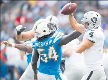  ?? SEAN M. HAFFEY — GETTY IMAGES ?? Raiders quarterbac­k Derek Carr faces pressure from Chargers defensive end Melvin Ingram III in the second quarter.