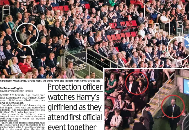  ??  ?? Ceremony: Miss Markle, circled right, sits three rows and 18 seats from Harry, circled left Feet away: A bodyguard, circled right, stands in stairwell near Miss Markle