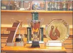  ??  ?? Some of the prestigiou­s trophies to be presented at Katikati Rugby Club’s prizegivin­g on Saturday.