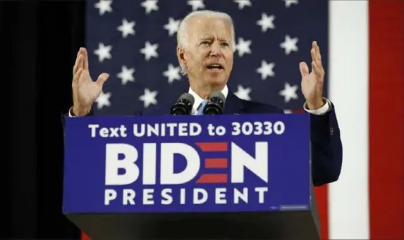  ?? Patrck Semansky/Associated Press ?? Democratic presidenti­al candidate and former Vice President Joe Biden speaks Tuesday at Alexis Dupont High School in Wilmington, Del.