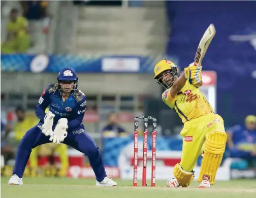  ?? Courtesy: IPL Twitter ?? ↑
Chennai Super Kings Ambati Rayudu (right) plays a shot against Mumbai Indians during their IPL match in Abu Dhabi on Saturday.