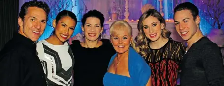  ?? PHOTOS: CAROLINE PHILLIPS/OTTAWA CITIZEN ?? From left, skating talents Elvis Stojko with his wife, Gladys Orozco, Nancy Kerrigan, event host Elizabeth Manley, Joannie Rochette and Shawn Sawyer at the Elizabeth Manley & Friends Gala held at the Brookstree­t Hotel in Kanata on Friday in support of...