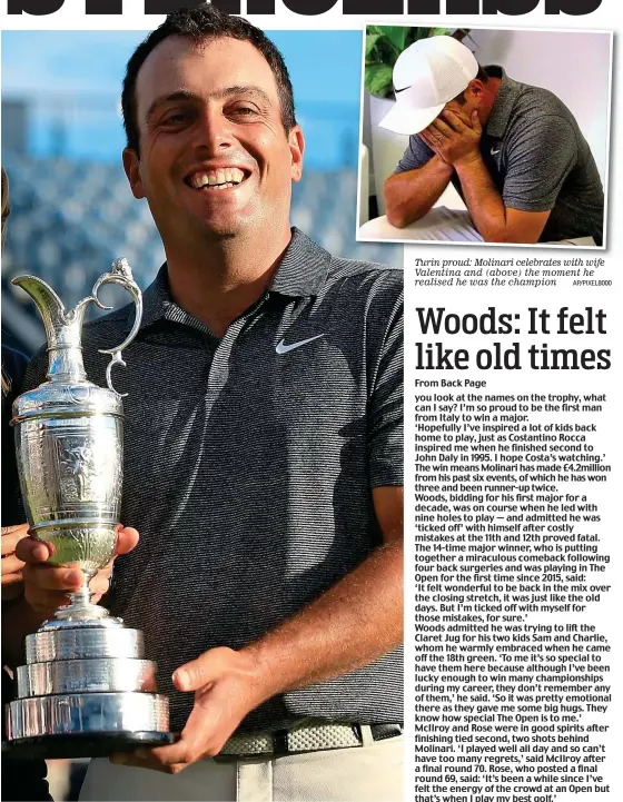  ?? AP/PIXEL8000 ?? Turin proud: Molinari celebrates with wife Valentina and (above) the moment he realised he was the champion