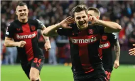  ?? Photograph: Wolfgang Rattay/Reuters ?? Jonas Hofmann celebrates after opening the scoring for Leverkusen in the 83rd minute.