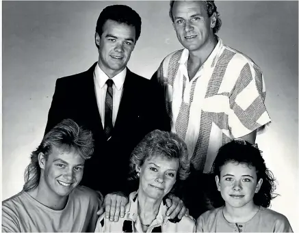  ??  ?? One of the oldest families on Neighbours, the Robinsons, in 1987: Standing at back: Paul (Stefan Dennis), and Jim (Alan Dale). At front, from left: Scott (Jason Donovan), Helen (Anne Haddy) and Lucy (Sasha Close).