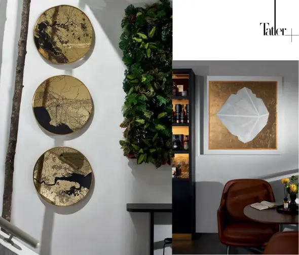  ??  ?? Left to right: The gold finish of the works selected from
Gallery 1819 adds a glamorous touch to the Tatler House Singapore; Map on Full
Moon, a series by Uk-based practice SL Studio; Polyhedron by Chinese artist
Julie Zhu takes pride of place next to the Tatler Bar and a pair of Fri lounge chairs by Jaime Hayon from Fritz Hansen