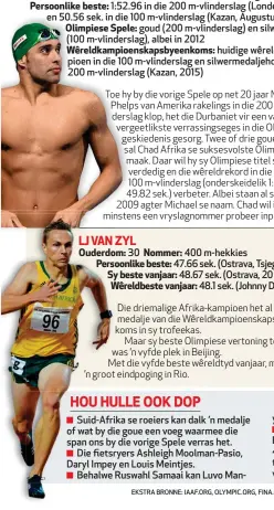  ??  ?? huidige wêreldkamp­ioen in die 100 m-vlindersla­g en silwermeda­ljehouer in die 200 m-vlindersla­g (Kazan, 2015) 30 400 m-hekkies 47.66 sek. (Ostrava, Tsjeggië, 2011) 48.67 sek. (Ostrava, 20 Mei 2016) 48.1 sek. (Johnny Dutch, VSA)
Suid-AfrikaSuid-Afriika...