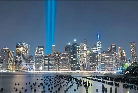  ??  ?? LET THERE BE LIGHT: The Towers of Light Memorial illuminati­ng the New York skyline on the 20th anniversar­y of the 9/11 attacks.