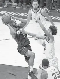  ??  ?? Chris Paul pulls up in the lane against the Warriors in Game 5. The Rockets went 15-9 in regular-season games Paul missed. Karen Warren / Houston Chronicle