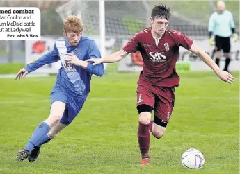  ??  ?? Armed combat Jordan Conlon and Calum McDaid battle it out at Ladywell
Pics: John B. Vass