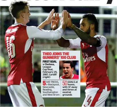  ??  ?? Centurion: Walcott (right) celebrates with Rob Holding after his goal sealed victory for Arsenal