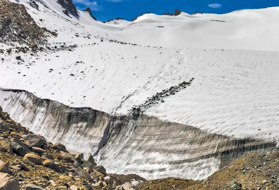  ??  ?? Black carbon, deposited on the Khardung glacier, has been linked to increased glacier melt and extreme weather