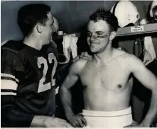  ?? [OKLAHOMAN ARCHIVES] ?? Merrill Green, right, talks with teammate Buddy Leake after a game in the 1950s.