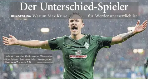  ?? DPA-BILD: JASPERSEN ?? Ließ sich vor der Ostkurve im Weserstadi­on feiern: Bremens Max Kruse jubelt über sein Tor zum 3:0.