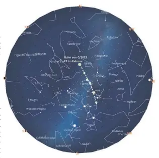  ?? BILD: SN/HAUS DER NATUR/STELLARIUM ?? Wo findet man den „grünen“Kometen (im Bild der Himmel über Salzburg am 14. 2.)? Man blickt nach Norden, sucht den Polarstern und blickt dann gen Süden: Am Monatsanfa­ng steht C/2022 E3 auf fast halbem Weg zur hellen Capella im Fuhrmann. Er wandert dann an Capella vorbei zu Mars und Aldebaran bis neben den Schild Orions.