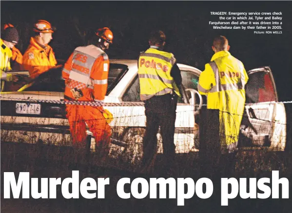  ?? Picture: RON WELLS ?? TRAGEDY: Emergency service crews check the car in which Jai, Tyler and Bailey Farquharso­n died after it was driven into a Winchelsea dam by their father in 2005.