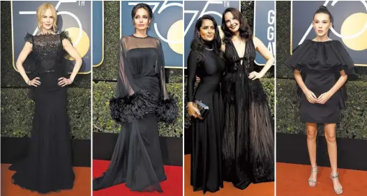  ?? FOTOS: AFP/AP ?? Protesta fashion. Nicole Kidman, Angelina Jolie, Salma Hayek, Ashley Judd y Millie Bobby Brown, glamour a pesar de todo.