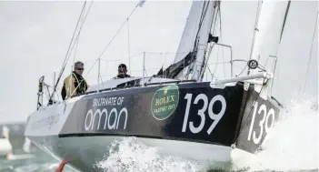  ?? — Lloyd Images ?? Oman Class 40 race yacht skippered by Sidney Gavignet during the start of the 2017 Rolex Fastnet Race.