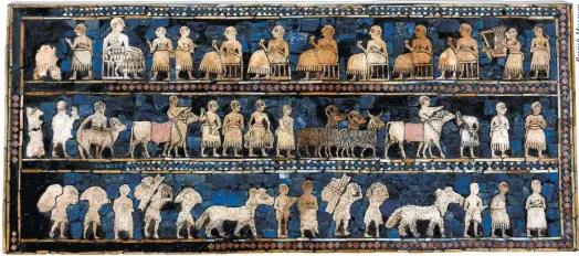  ??  ?? A panel from the Sumerian Standard of Ur depicting fish, animals, and goods being brought in procession to a banquet, circa 2600 BC