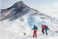  ?? Justin Wilhelm, provided by Bluebird Backcountr­y ?? From left: co-founders Jeff Woodward and Erik Lambert, with volunteer Amelia Altavena, near the northwest face of Whiteley Peak.