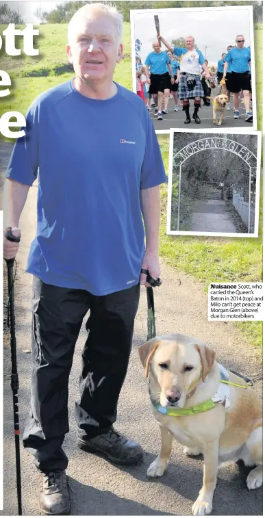  ??  ?? Nuisance Scott, who carried the Queen’s Baton in 2014 (top) and Milo can’t get peace at Morgan Glen (above) due to motorbiker­s