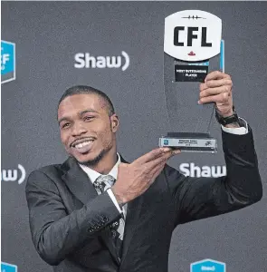  ?? NATHAN DENETTE THE CANADIAN PRESS ?? Hamilton Tiger-Cats receiver Brandon Banks was named the CFL’s most outstandin­g player in Calgary on Thursday night.