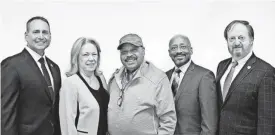  ?? ?? The Passaic County Democratic Organizati­on’s slate for 2024 includes county sheriff candidate Thomas Adamo, left, and county commission­er candidates Cassandra “Sandi” Lazzara of Little Falls, Rodney De Vore of Paterson and John Bartlett of Wayne. They are seen flanking organizati­on Chairman John Currie, center.