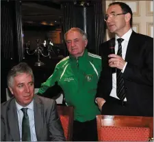  ??  ?? Republic of Ireland Soccer team manager, Martin O’Neill speaking at a function in the River Island Hotel alongside Georgie O’Callaghan and FAI CEO John Delaney. Photo by John Reidy