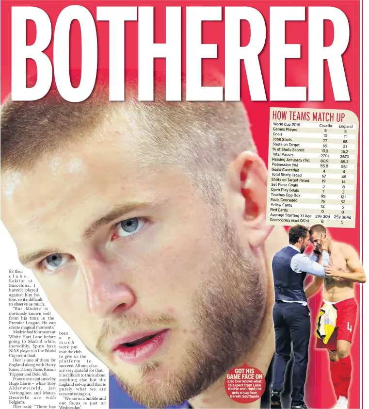  ??  ?? GOT HIS GAME FACE ON Eric Dier knows what to expect from Luka Modric and (right) he gets a hug from Gareth Southgate