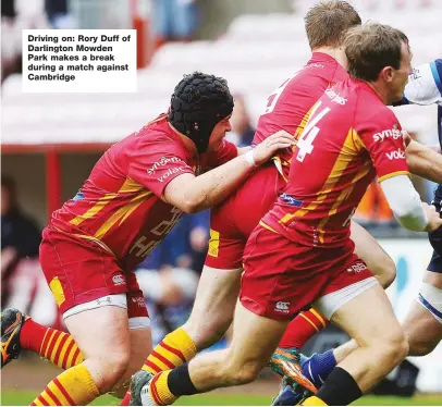  ??  ?? Driving on: Rory Duff of Darlington Mowden Park makes a break during a match against Cambridge