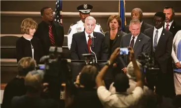 ?? Leila Navidi / Star-Tribune via Associated Press ?? “I implore the citizens of St. Cloud and the citizens of Minnesota to rise above this incident and remember our common humanity,” Minnesota Gov. Mark Dayton said Monday at St. Cloud City Hall. A young Somali man stabbed nine people Saturday at a St....