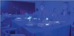  ??  ?? SEE THE INVISIBLE Under a black light, the glowing paint shows how the virus spreads at a communal dining set-up (photo from NHK)