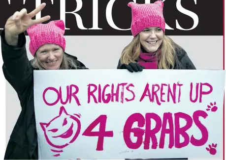  ?? Pictures: TMG ARCHIVES and GETTY IMAGES ?? HATS IN THE RING: EFF MPs use hard hats as workers’ symbols — and to defend themselves against the parliament­ary protection services. Women in ‘pussy hats’ protest against Donald Trump’s remarks about women