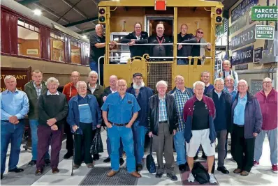  ?? DAVE BRENNAND ?? East London memories: Some of the former Stratford footplatem­en who attended a reunion at Mangapps Railway Museum in Essex on September 24 with one of the museum’s highlights, a former Canadian Pacific Railway caboose that is believed to be the only one of its type in the country.