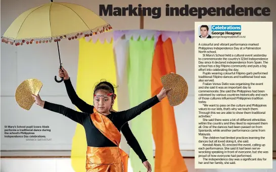  ?? WARWICK SMITH/STUFF ?? St Mary’s School pupil Izzara Abais performs a traditiona­l dance during the school’s Philippine­s Independen­ce Day celebratio­ns.