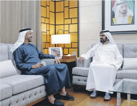  ?? Wam ?? Sheikh Mohammed bin Rashid, Vice President and Ruler of Dubai, meets Sheikh Mohamed bin Zayed, Crown Prince of Abu Dhabi and Deputy Supreme Commander of the Armed Forces, in Dubai yesterday