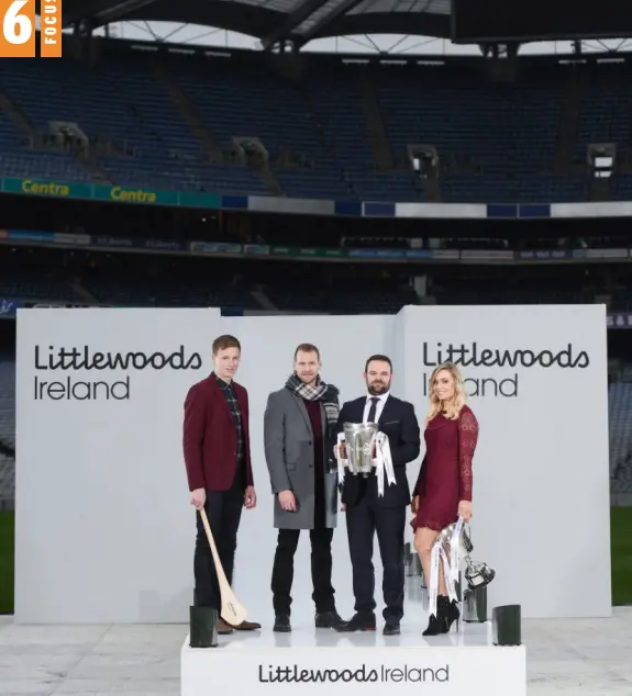  ??  ?? At the launch in Croke Park of the Littlewood­s Ireland deal with the GAA were (from left) Waterford hurler Austin Gleeson, former Kilkenny hurler Jackie Tyrrell, Littlewood­s managing director Geoff Scully, and former Cork camogie star Anna Geary;...