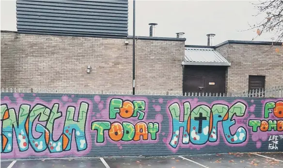  ??  ?? The ‘Strength for today, hope for tomorrow’ message created by the Oxclose Youth Group Ten10 outside the church on Brancepeth Road.