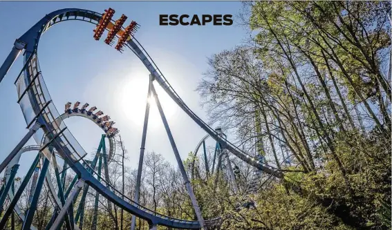  ?? Busch Gardens ?? Masked and unmasked visitors scream for joy on the Alpengeist and Griffon roller coasters at Busch Gardens Williamsbu­rg in Virginia.