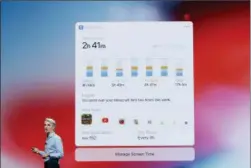  ??  ?? Craig Federighi, Apple’s senior vice president of Software Engineerin­g, speaks about screen time during an announceme­nt of new products at the Apple Worldwide Developers Conference in San Jose.