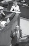  ?? Arkansas Democrat-Gazette/ STATON BREIDENTHA­L ?? Rep. Douglas House speaks Monday afternoon against House Bill 1392, which would ban the use of medical marijuana in food and drink. Also on the House floor was Rep. Robin Lundstrum (top), who sponsored the bill.