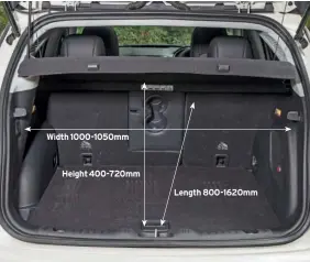  ??  ?? Width 1000-1050mm Height 400-720mm Length 800-1620mm Subwoofer of Beats Audio stereo robs loading width in a boot that hasn’t got much to spare. Floor would adjust downwards but for optional full-size spare wheel.