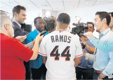  ?? JOSÉ A. IGLESIAS/STAFF PHOTOGRAPH­ER ?? Reliever A.J. Ramos was one of several Marlins who brushed aside media questions about reports Jeffrey Loria having a preliminar­y agreement to sell the team for $1.6 billion to an unidentifi­ed New York City-based real estate developer