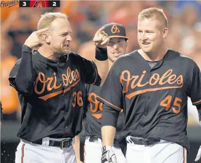  ?? NICK WASS/ASSOCIATED PRESS ?? The Orioles’ Mark Trumbo (45) celebrates with Caleb Joseph after homering to left field off the Diamondbac­ks’ Matt Koch to lead off the bottom of the 12th inning. Pedro Alvarez had homered in the eighth and Matt Wieters in the ninth to force extra...