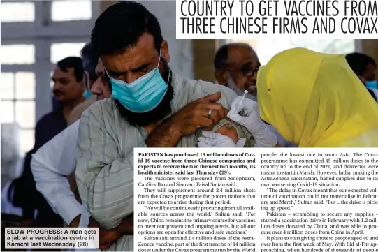  ??  ?? SLOW PROGRESS: A man gets a jab at a vaccinatio­n centre in Karachi last Wednesday (28)