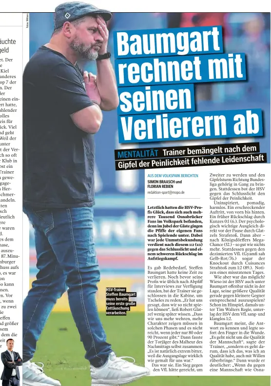  ?? ?? HSV-Trainer Steffen Baumgart muss bereits seine erste große Enttäuschu­ng verarbeite­n.