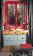  ??  ?? Caryn Cramer's guest room features eye-catching orange trim in the window seats. The SherwinWil­liams paint colours in the room include Refresh, Obstinate Orange, Papaya and Cucumber.