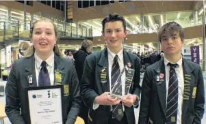  ?? PHOTO: ODT VIDEO ?? First equal . . . Bayfield High School Young Enterprise Scheme team Abalro (from left, Abby Green, Robert Donohoe, Alex Livingston­e).