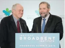  ?? ADRIAN WYLD/THE CANADIAN PRESS ?? Ed Broadbent stands with NDP Leader Tom Mulcair after introducin­g him Friday at a conference in Ottawa.