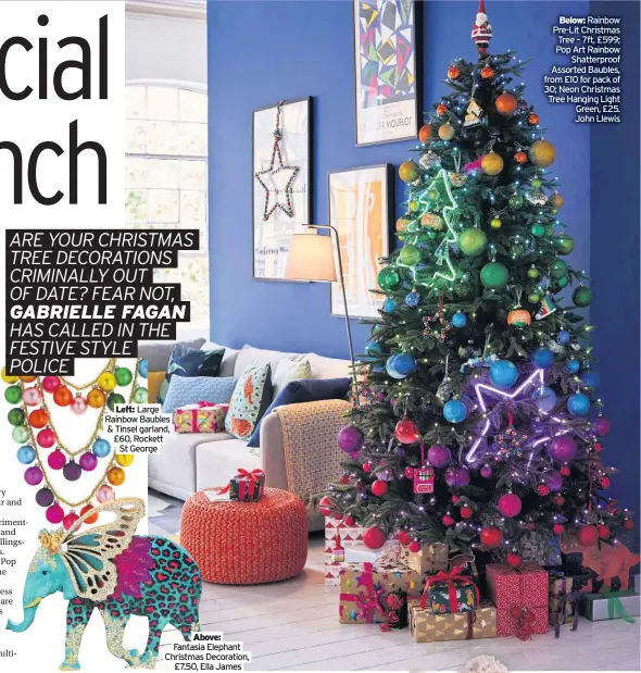  ??  ?? Above: Fantasia Elephant Christmas Decoration, £7.50, Ella James
Below: Rainbow Pre-lit Christmas Tree – 7ft, £599; Pop Art Rainbow Shatterpro­of Assorted Baubles, from £10 for pack of 30; Neon Christmas Tree Hanging Light Green, £25. John Llewis